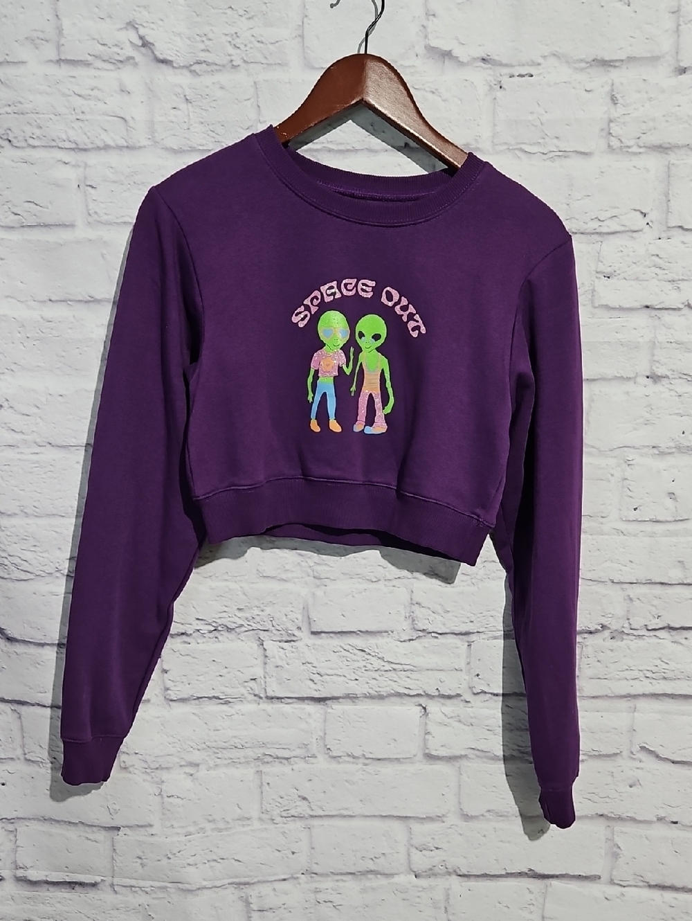 Urban Outfitters Purple Cropped Alien Graphic Sweatshirt